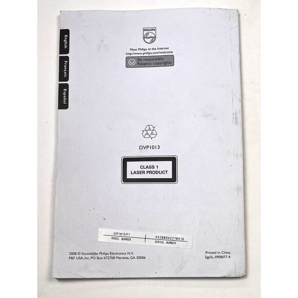 2008 PHILIPS DVD Video Player DVP1013 Owner's Instruction USER MANUAL Book ONLY - Picture 2 of 2